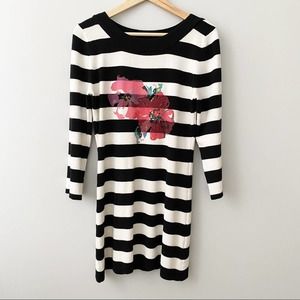 Soft Surroundings Black White Stripe Knit Dress Small Hibiscus Flower 3/4 sleeve